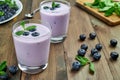 Blueberry yogurt with fresh berries and mint leaves. Two glasses of yogurt and a lot of scattered blueberries