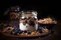 Blueberry yogurt granola glass jar. Generate ai
