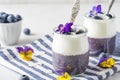 Blueberry yogurt parfait with chia pudding, coconut yoghurt, fresh berries and flowers in glasses with spoons Royalty Free Stock Photo