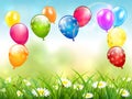 BlueColorful Birthday Balloons Flying over Grass background with three Easter eggs in grass Royalty Free Stock Photo