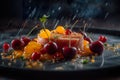 Bluefin tuna chef with cherry presented on a plate with soft shadows.