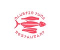 Bluefin tuna scheme cutting on the kitchen in Japanese sushi restaurant, illustration. Seafood, food, fish market and marine life,