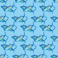 Bluefin tuna seamless pattern with background. Bright Sea Pisces. Watercolor illustration. For printing on fabric, menu design of