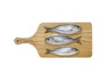 Bluefish and lemon slice on wooden hob with white background