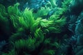 Bluegreen Algae Swaying Underwater, Closeup. Generative AI