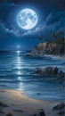 bluemoon overcasting the beach coast illustration Artificial Intelligence artwork generated Royalty Free Stock Photo