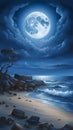 bluemoon overcasting the beach coast illustration Artificial Intelligence artwork generated