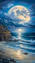 bluemoon overcasting the beach coast illustration Artificial Intelligence artwork generated