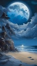 bluemoon overcasting the beach coast illustration Artificial Intelligence artwork generated Royalty Free Stock Photo