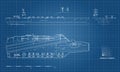 Blueprint of aircraft carrier. Military ship. Top, front and side view. Battleship model. Warship in outline style Royalty Free Stock Photo