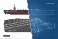 Blueprint of aircraft carrier. Military ship. Top, front and side view. Battleship model. Warship in outline style Royalty Free Stock Photo
