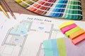 Blueprint of architectural drawing and color palette Royalty Free Stock Photo