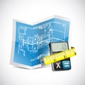Blueprint, calculator and measuring tape Royalty Free Stock Photo