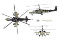 Blueprint of camouflage military helicopter. Side, top and front views of armed air vehicle. Industrial 3d drawing Royalty Free Stock Photo