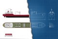 Blueprint of cargo ship. Top, side and front view. Container transport Royalty Free Stock Photo