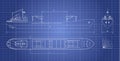 Blueprint of cargo ship on a white background. Top, side and front view. Container transport