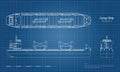 Blueprint of cargo ship on white background. Top, side and front view of tanker. Container boat industrial drawing