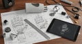 Blueprint and components of advanced robotic prosthetic hand on technical design desk. concept of robotics innovation, engineering Royalty Free Stock Photo