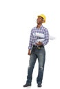 Blueprint, construction and man on a white background for thinking, maintenance or building inspection. Engineering