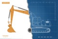 Blueprint of excavator on white background. Top, side and front view. Diesel digger. Hydraulic machinery image