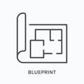 Blueprint flat line icon. Vector outline illustration of construction document. Black thin linear pictogram for