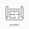 Blueprint flat line icon. Vector outline illustration of paper plan. Black thin linear pictogram for engineering plan