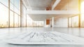 Blueprint Floor Plan In Modern Empty Open Plan Office, Architecture And Construction Design Concept Royalty Free Stock Photo