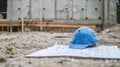 Blueprint and hard hat at house Royalty Free Stock Photo
