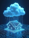 Blueprint house connected to glowing blue cloud via data streams. Digital network surrounds home, representing smart tech and Royalty Free Stock Photo