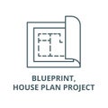 Blueprint,house plan project line icon, vector. Blueprint,house plan project outline sign, concept symbol, flat