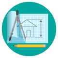 Blueprint icon with project of house, compasses and pencil