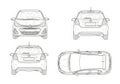 Blueprint line drawings of a compact hatchback car from multiple angles Royalty Free Stock Photo
