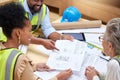 Blueprint, meeting or happy civil engineering team planning a building or construction architecture. Teamwork Royalty Free Stock Photo