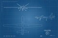 Blueprint of military drone in outline style. Top, front and side view. Army aircraft for intelligence and attack