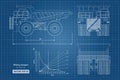 Blueprint of mining dumper. Side, back and front view. Outline heavy truck image. Industrial drawing of cargo car