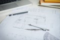 blueprint paper drafting project sketch architectural, dividers, ruler, engineering tools on workplace Royalty Free Stock Photo