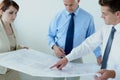 Blueprint, people or civil engineering team planning project, maintenance or renovation in meeting. Architecture, office Royalty Free Stock Photo