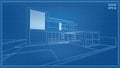 Blueprint Perspective. 3D render of tropical house wireframe. Vector illustration of house construction