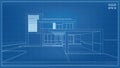 Blueprint Perspective. 3D render of tropical house wireframe. Vector illustration of house construction