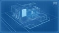 Blueprint Perspective. 3D render of tropical house wireframe. Vector illustration of house construction