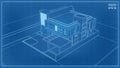 Blueprint Perspective. 3D render of tropical house wireframe. Vector illustration of house construction