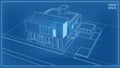 Blueprint Perspective. 3D render of tropical house wireframe. Vector illustration of house construction