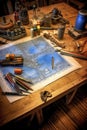 blueprint plans and tools on a wooden workbench
