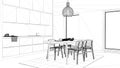 Blueprint project draft, cosy kitchen with dining table and chairs, sink and faucet, cabinets, carpet and pendant lamp, big