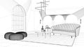 Blueprint project draft, elegant classic living room with archways and arched window and door. Sofa with poufs, carpet, pendant