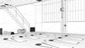 Blueprint project draft, empty yoga studio interior design, minimal industrial open space with staircase, mats and accessories, Royalty Free Stock Photo