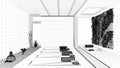 Blueprint project draft, empty yoga studio interior design, open space with mats and accessories, parquet, vertical garden, Royalty Free Stock Photo