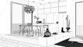 Blueprint project draft, kitchen with dining table, chairs and pendant lamp, succulent potted plants, parquet floor, window,