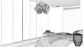 Blueprint project draft, minimalist bedroom in contemporary space with parquet floor, shower, wooden floor, bed, big wardrobe,