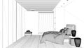 Blueprint project draft, minimalist bedroom in contemporary space with parquet floor, shower, wooden floor, bed, big wardrobe,